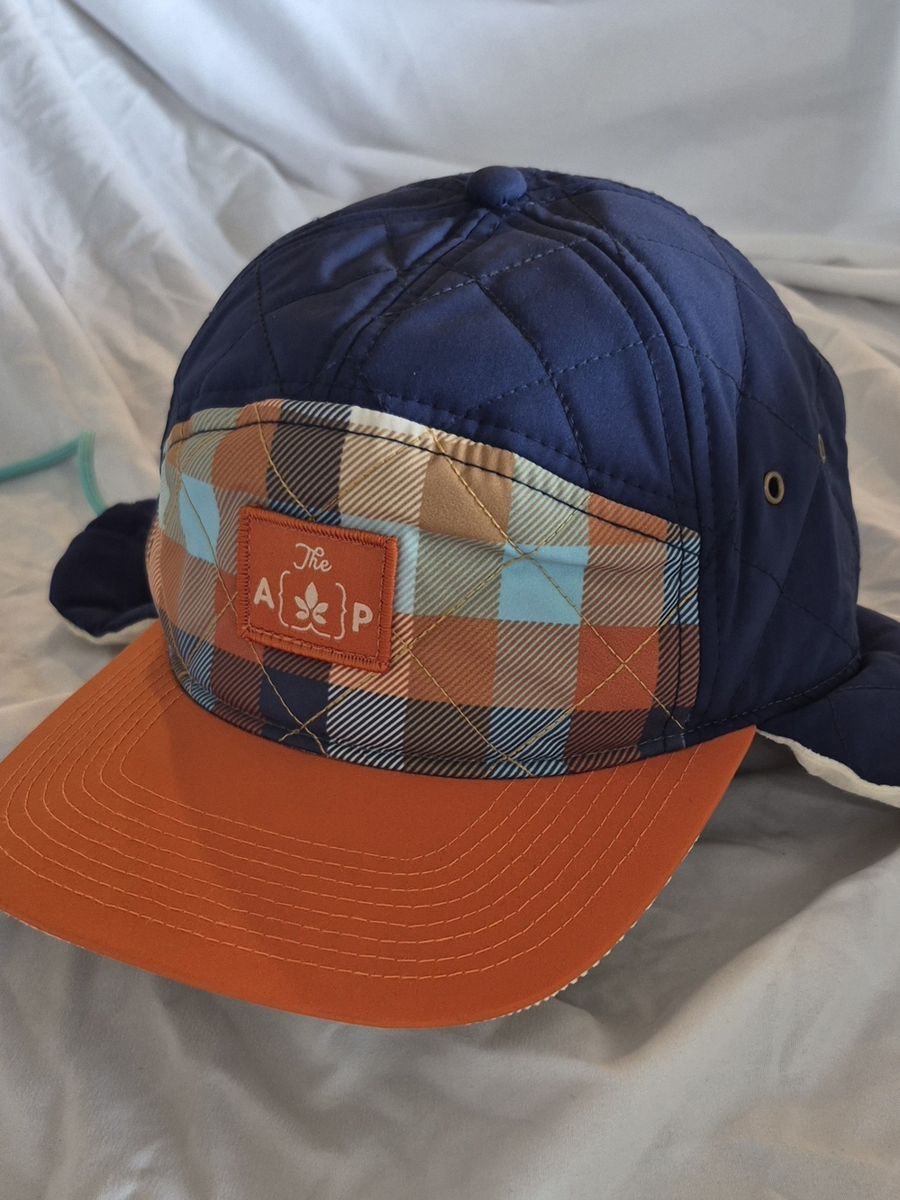 Aesthetque  Quilted Plaid Dogear Snapback Hat - Navy & Orange
